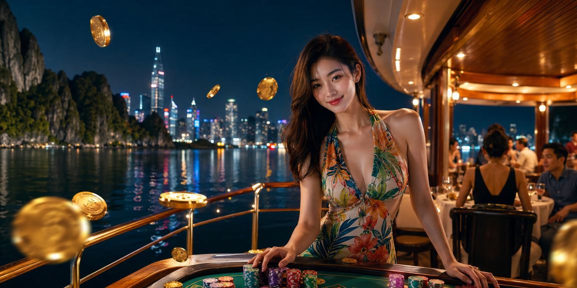 Người chơi casino trực tuyến tại Vịnh Hạ Long với phong cảnh thiên nhiên hùng vĩ phía sau